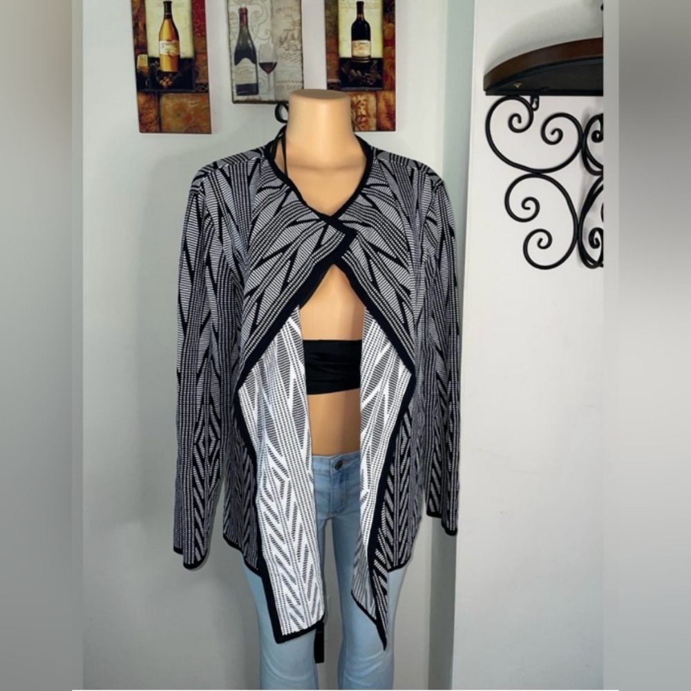 NWT CALVIN KLEIN Size XL Jacquard Flyaway Long Sleeve Cardigan BLACK-WHITE - Picture 5 of 10